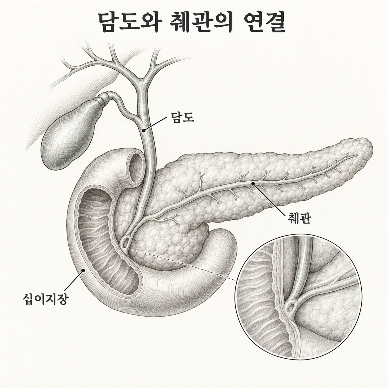 담도와 췌관이 십이지장으로 이어지는 구조를 보여주는 도해