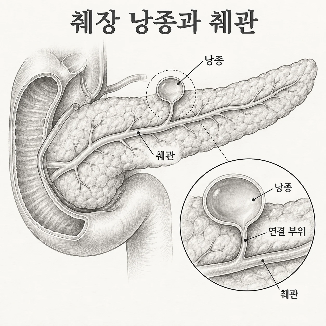 췌장 낭종과 췌관의 연결 관계를 보여주는 도해