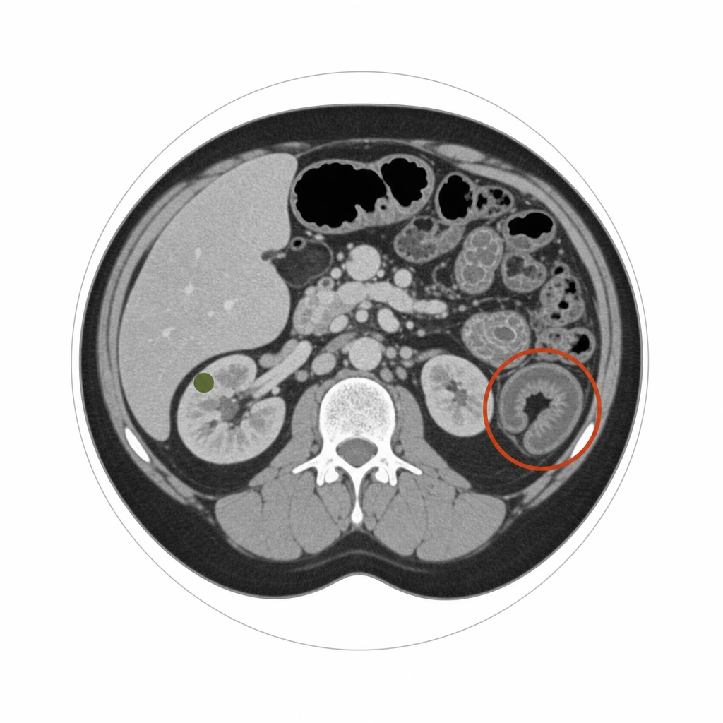 복부 CT 단면에 증상 부위와 신장의 작은 결절이 함께 표시된 개념 도해