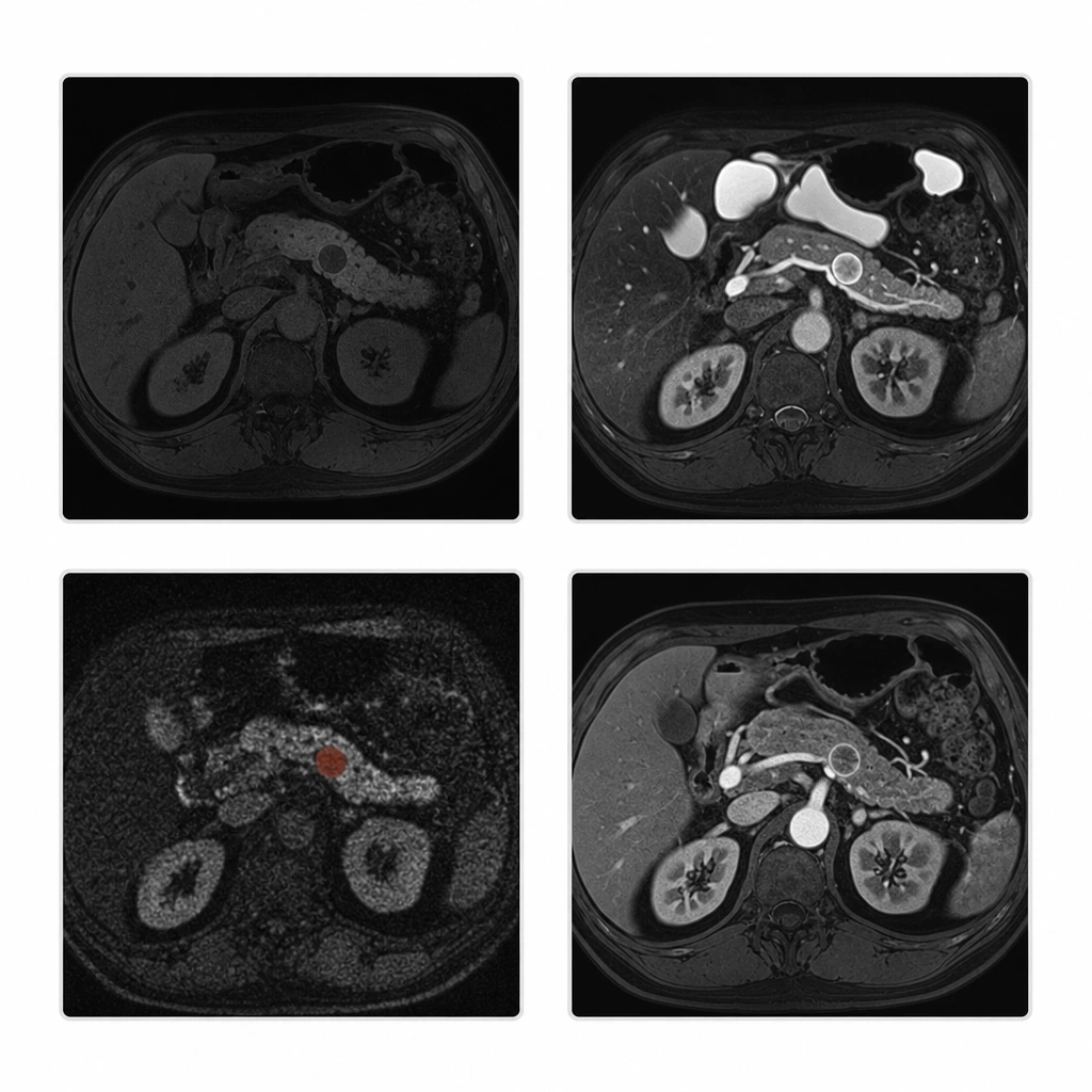 같은 췌장 병변을 대비가 다른 네 가지 MRI 시퀀스로 촬영한 개념 도해