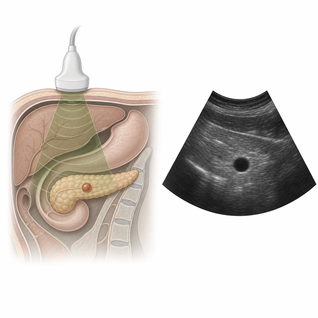 윗배에 댄 초음파 탐촉자의 음파가 췌장의 작은 물혹에 닿고 초음파 화면에 검은 원으로 보이는 도해