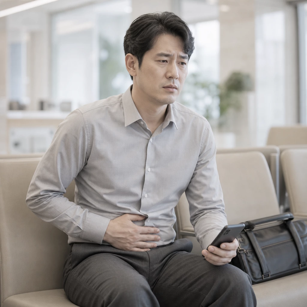 셔츠 차림의 남성이 병원 대기실에 앉아 배를 누르고 있는 모습