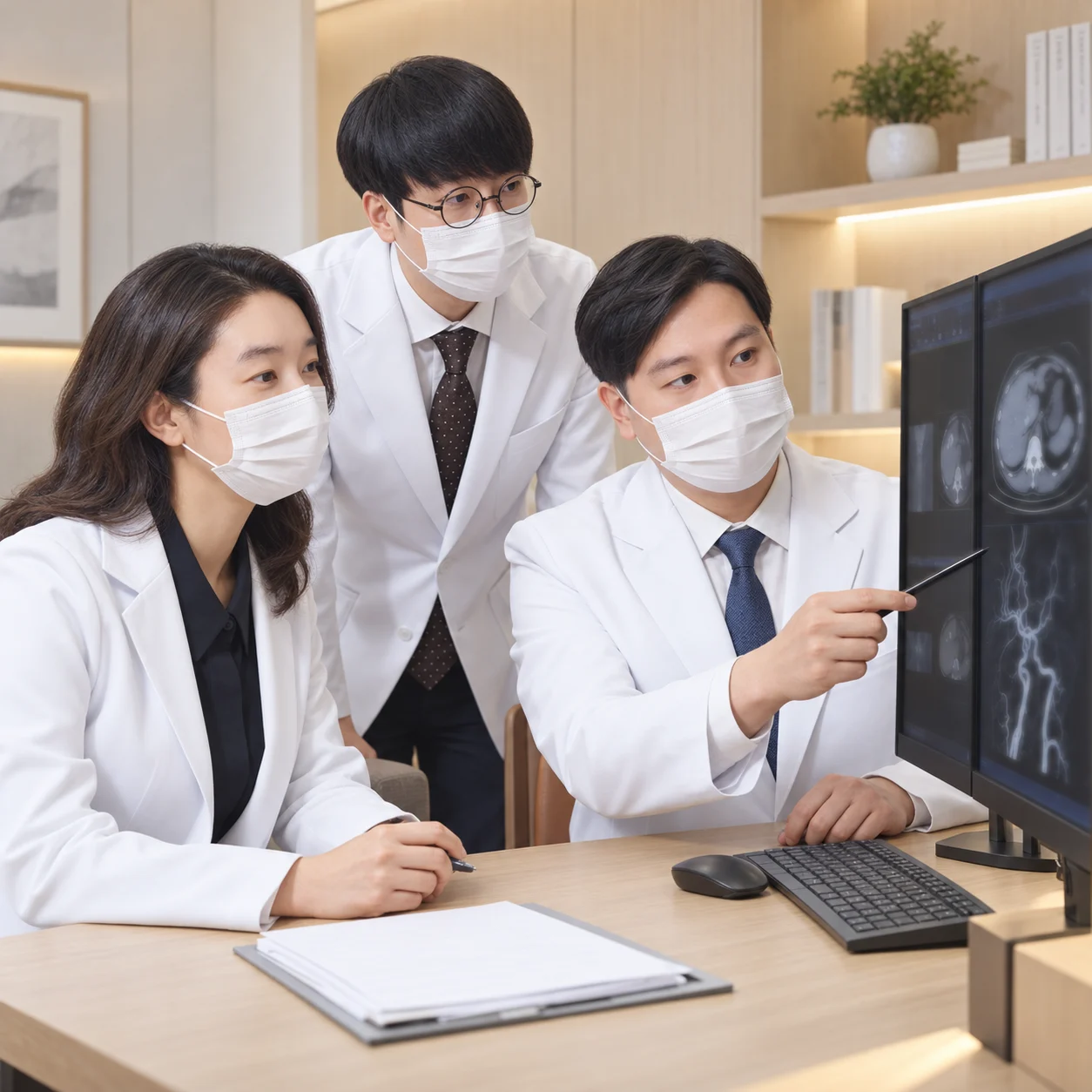내과 및 영상의학과 전문의가 함께 검사 영상을 확인하는 협진 장면