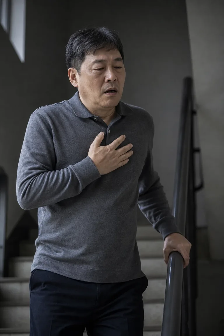계단을 오르다 멈춰 서서 난간을 잡고 가슴에 손을 얹은 채 숨을 고르는 중년 남성
