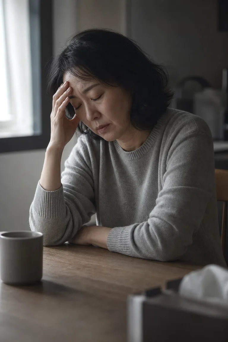 식탁에 앉아 이마를 짚고 기운 없이 눈을 감고 있는 중년 여성