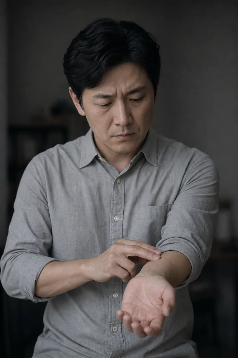 손목 안쪽에 손가락을 얹어 맥을 짚어 보는 중년 남성