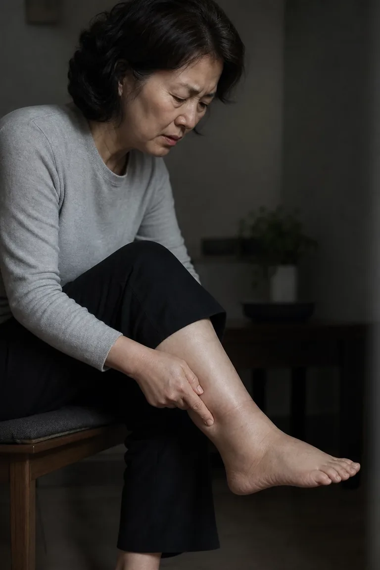 의자에 앉아 부어오른 발목을 손가락으로 눌러 보는 중년 여성