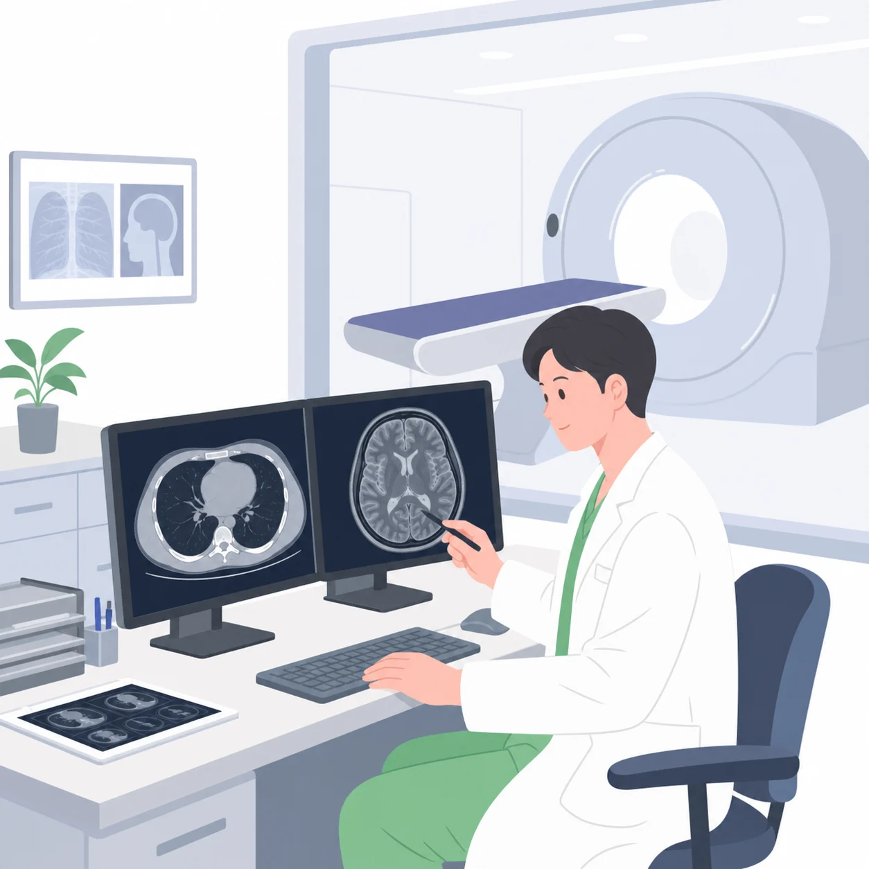 Radiology 전문의가 CT와 MRI 영상을 직접 판독하는 장면