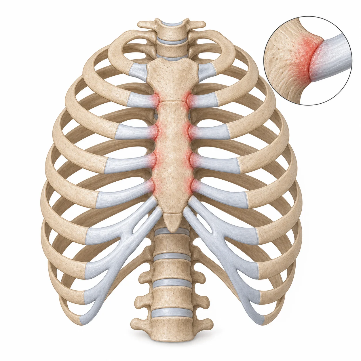 흉골 주변 늑연골 접합부 염증을 보여 주는 의학 일러스트