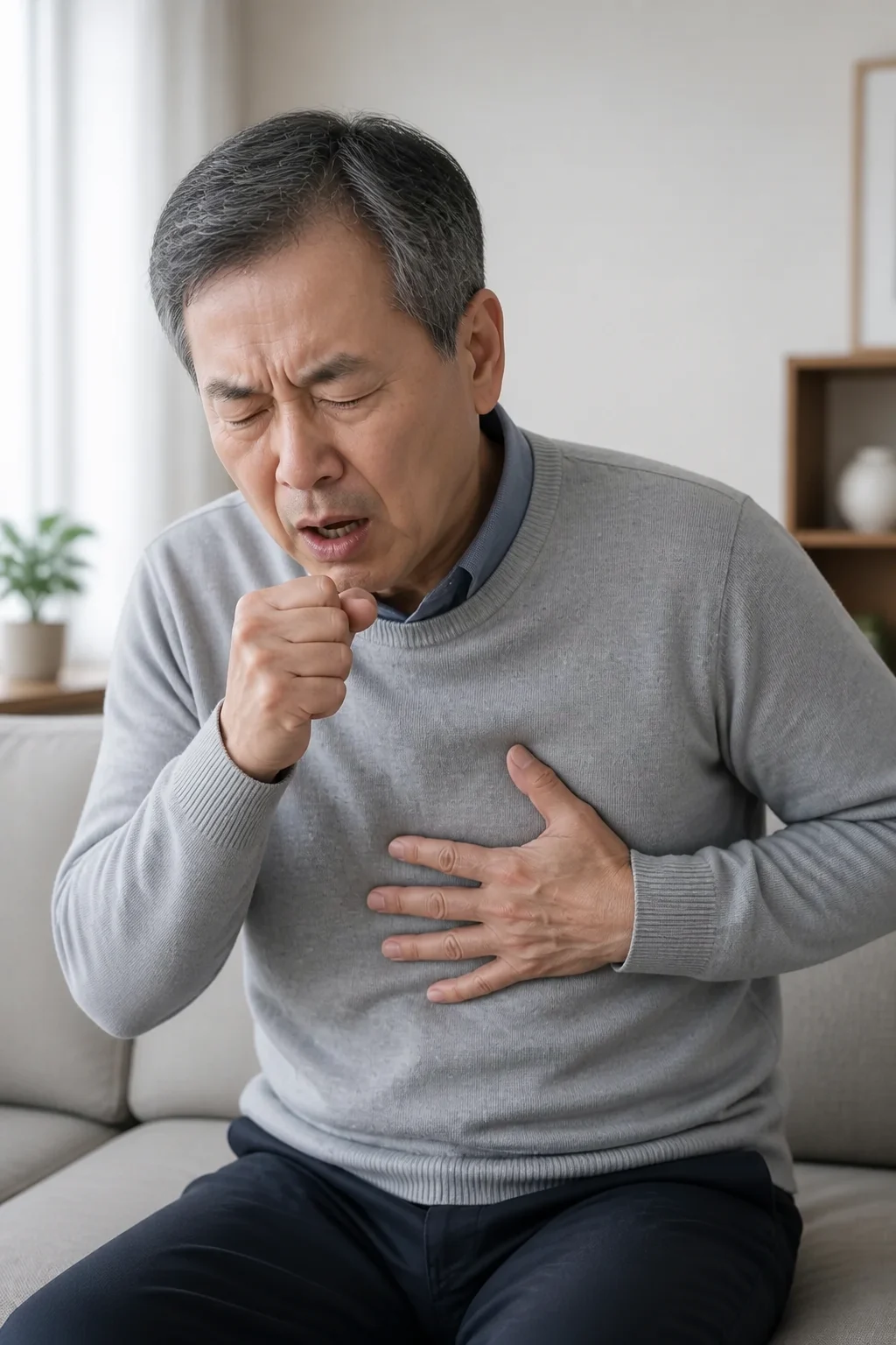 기침하며 숨을 들이쉴 때 가슴 옆 통증을 느끼는 중년 남성