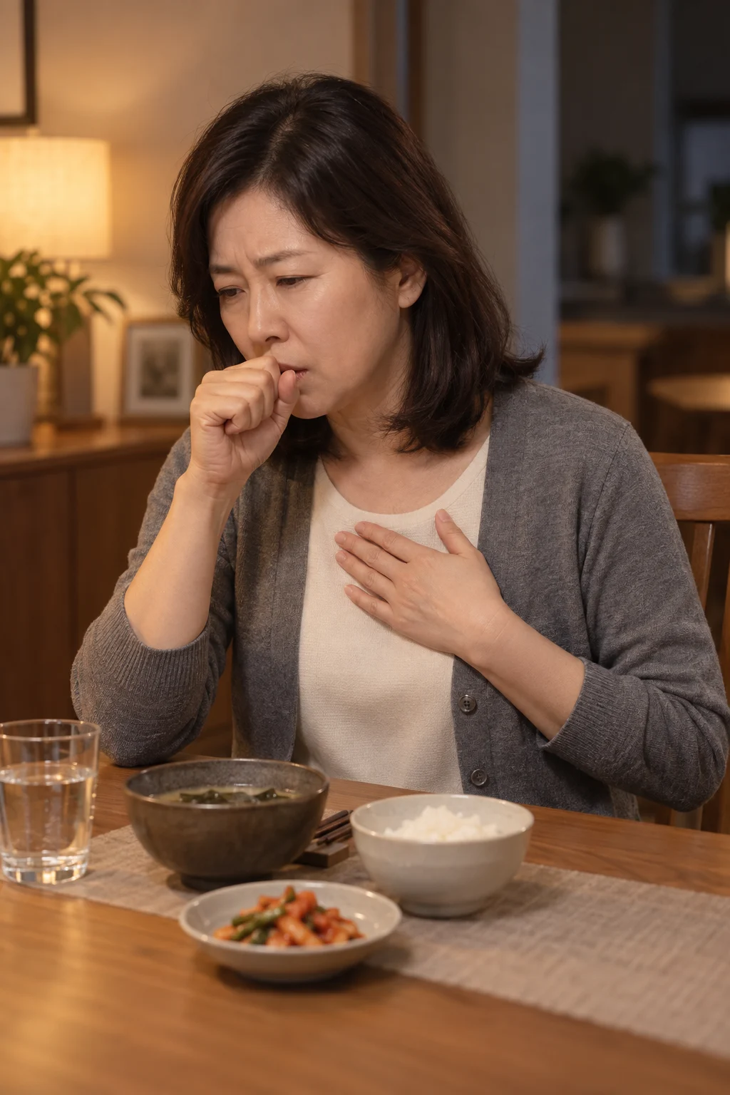 식사 뒤 가슴 불편감과 기침을 느끼는 여성