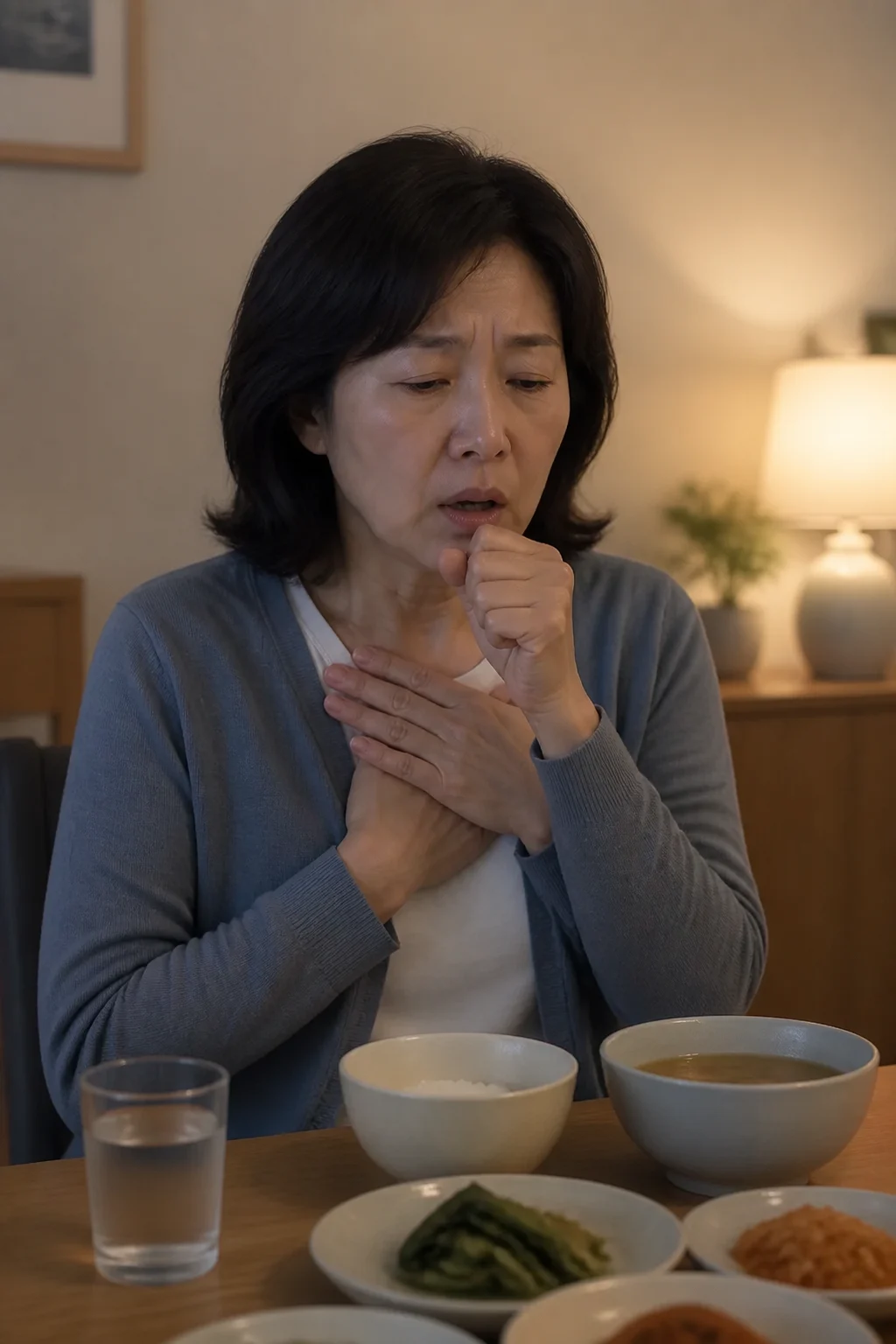 식사 뒤 가슴 불편감과 기침을 느끼는 여성
