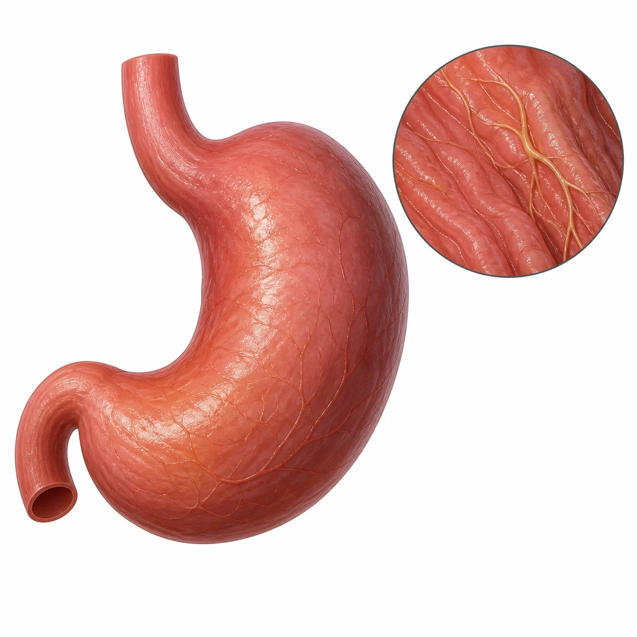 기능성 소화불량을 설명하는 위와 정상 점막의 컬러 3D 이미지
