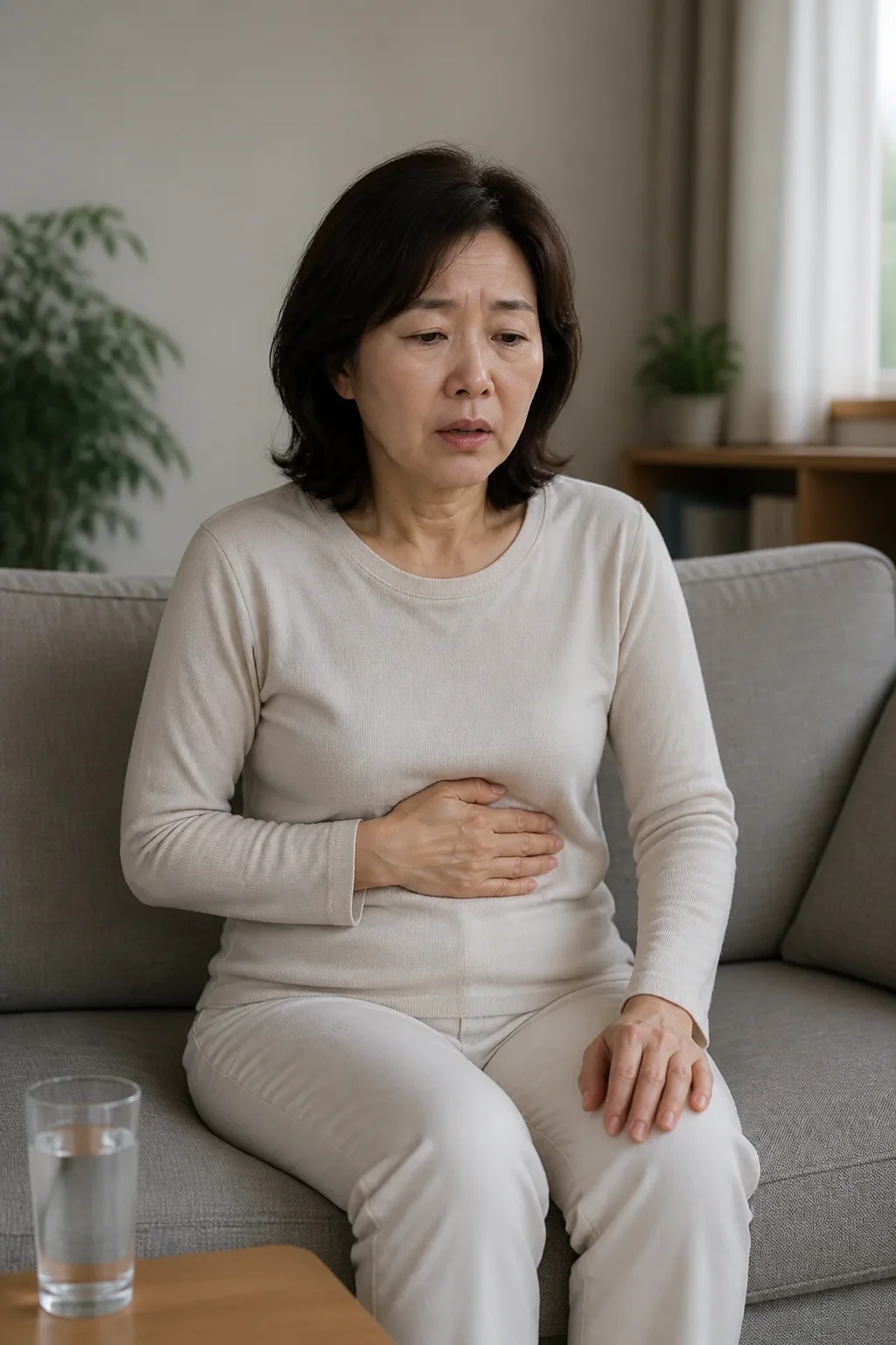 반복되는 메스꺼움과 상복부 불편감을 느끼는 여성