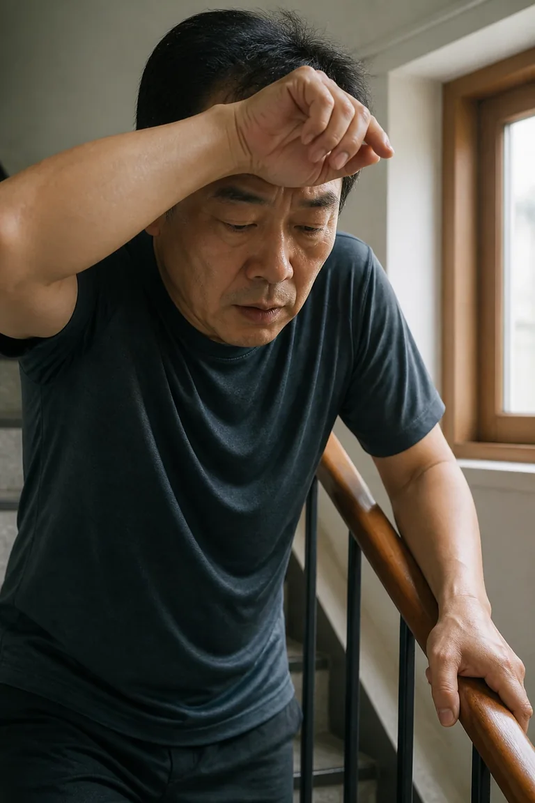 남성이 계단 난간을 잡고 팔로 이마를 닦으며 쉬는 장면