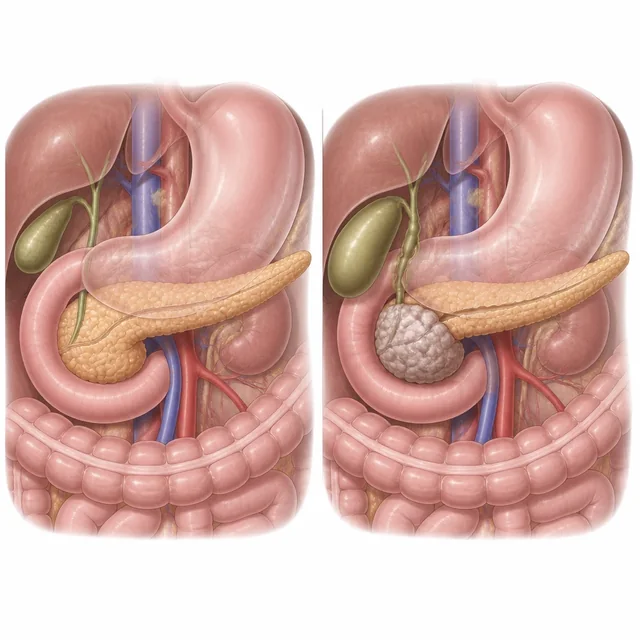 정상 췌장과 췌장 종양을 비교한 의학 일러스트