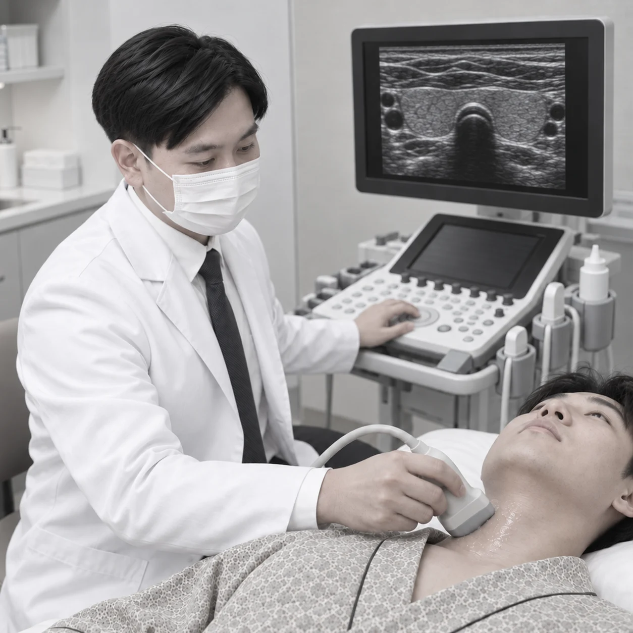 갑상선 초음파 를 시행하는 검사 장면