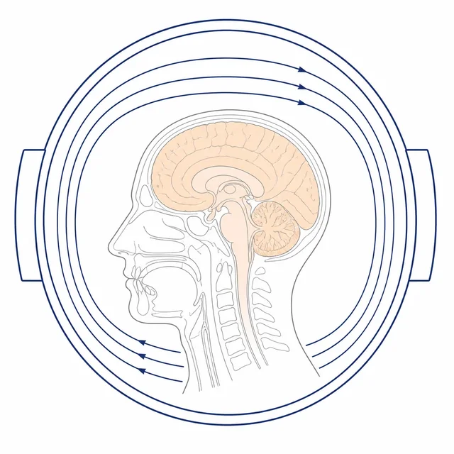 MRI 검사 원리를 설명하는 뇌 자기공명영상 도해