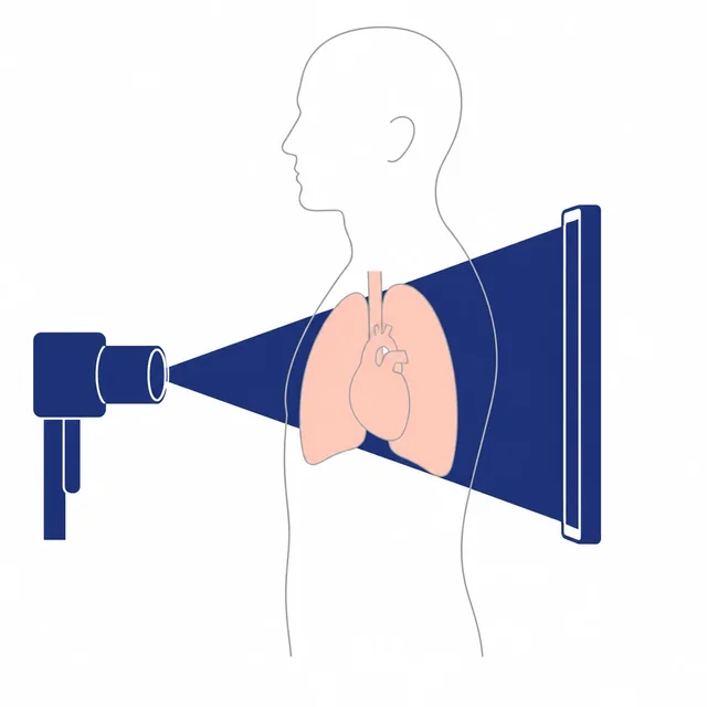 X-ray 검사 원리를 설명하는 흉부 방사선 도해