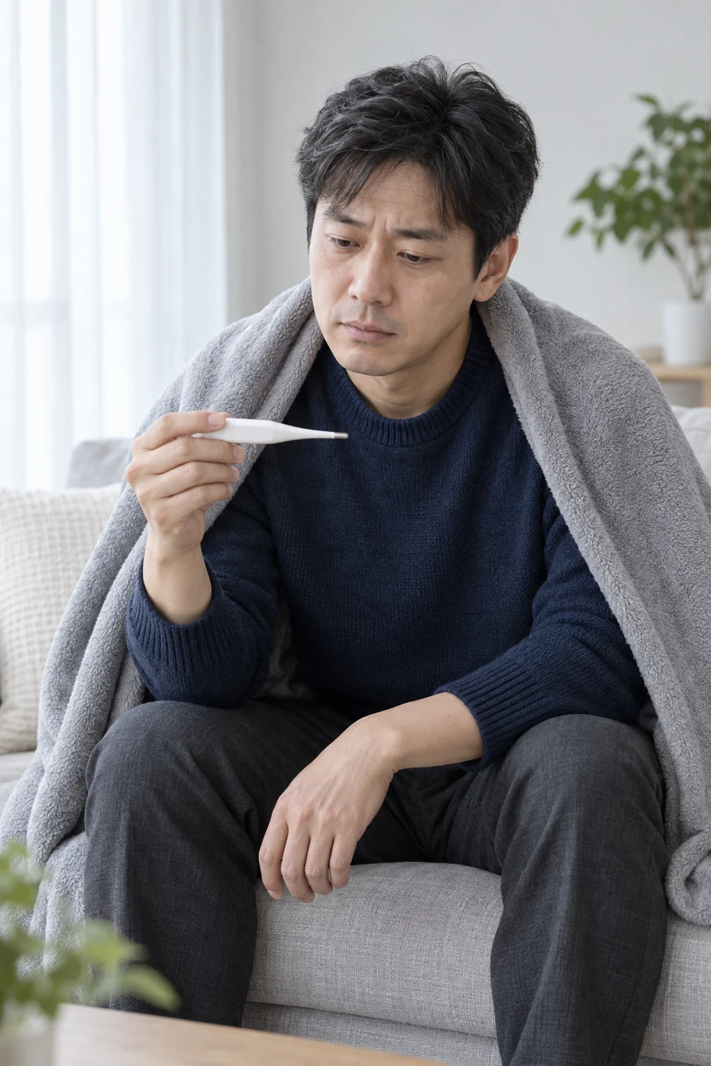 담요를 두르고 체온계를 확인하는 중년 남성