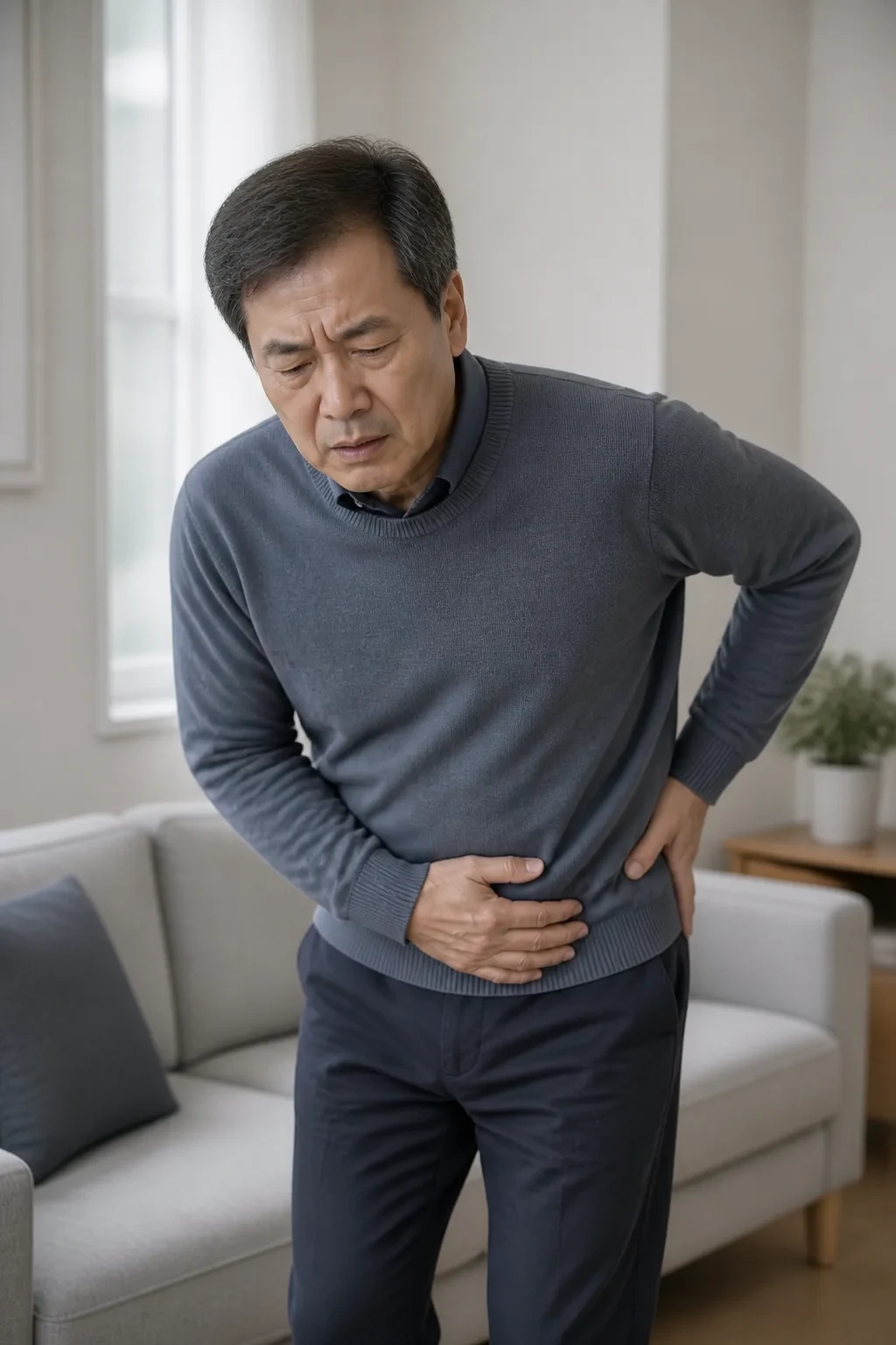 아랫배와 옆구리를 짚고 있는 중년 남성