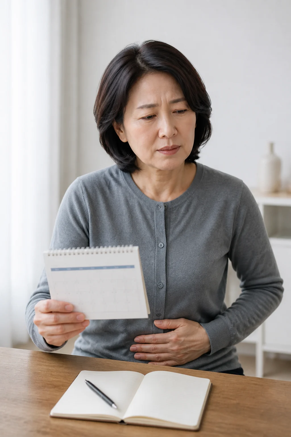배변 기록 달력을 확인하며 아랫배를 짚는 여성