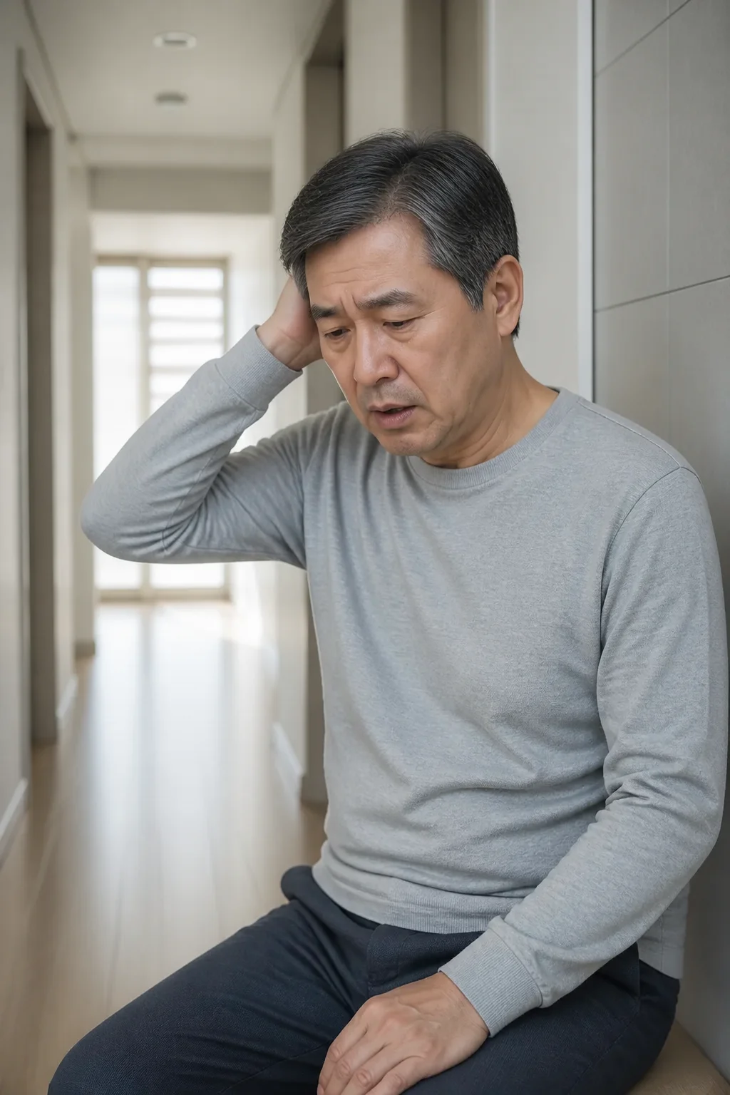 머리를 부딪힌 뒤 뒤통수를 짚고 있는 중년 남성