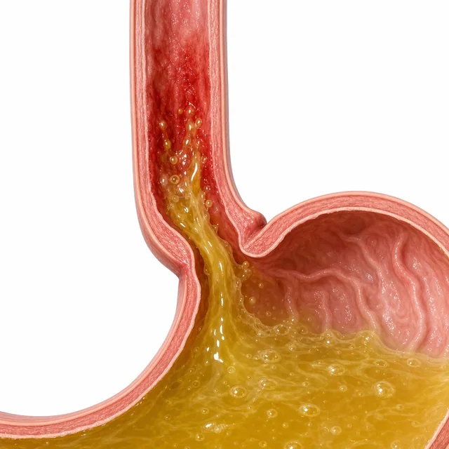 하부식도괄약근이 벌어져 위산이 식도로 역류하고 식도 하부 점막이 헐어 있는 단면