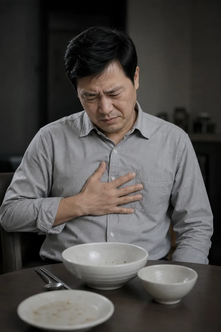 식사를 마친 식탁 앞에서 가슴 한가운데를 손바닥으로 누르며 얼굴을 찡그리는 중년 남성