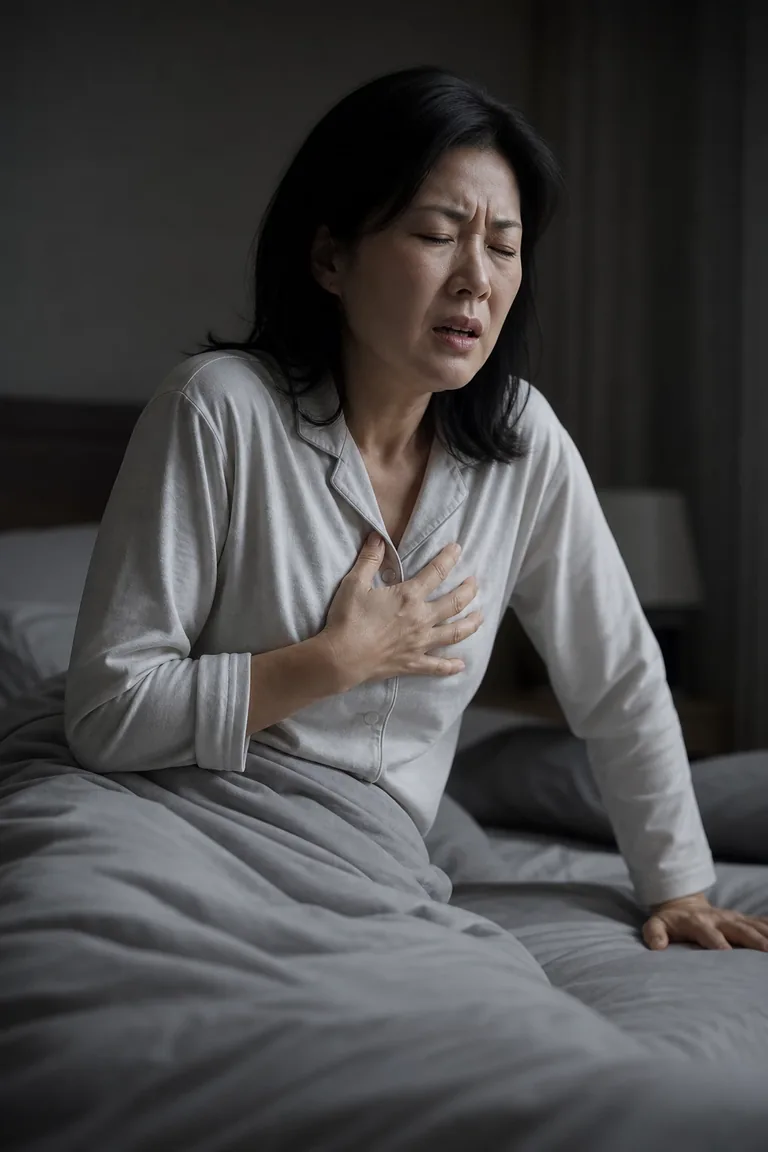 침대에 누워 있다가 가슴을 누르며 상체를 일으키는 중년 여성