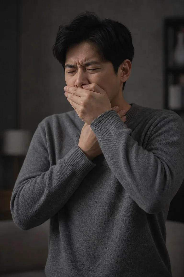 손등으로 입가를 막고 목 아래를 감싸며 쓴맛을 참는 표정의 남성