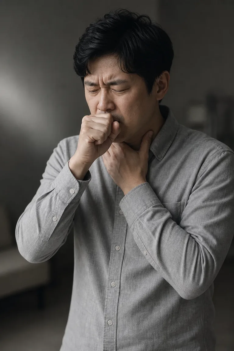 주먹을 입에 대고 마른기침을 하며 목 앞쪽을 감싸 쥐는 중년 남성
