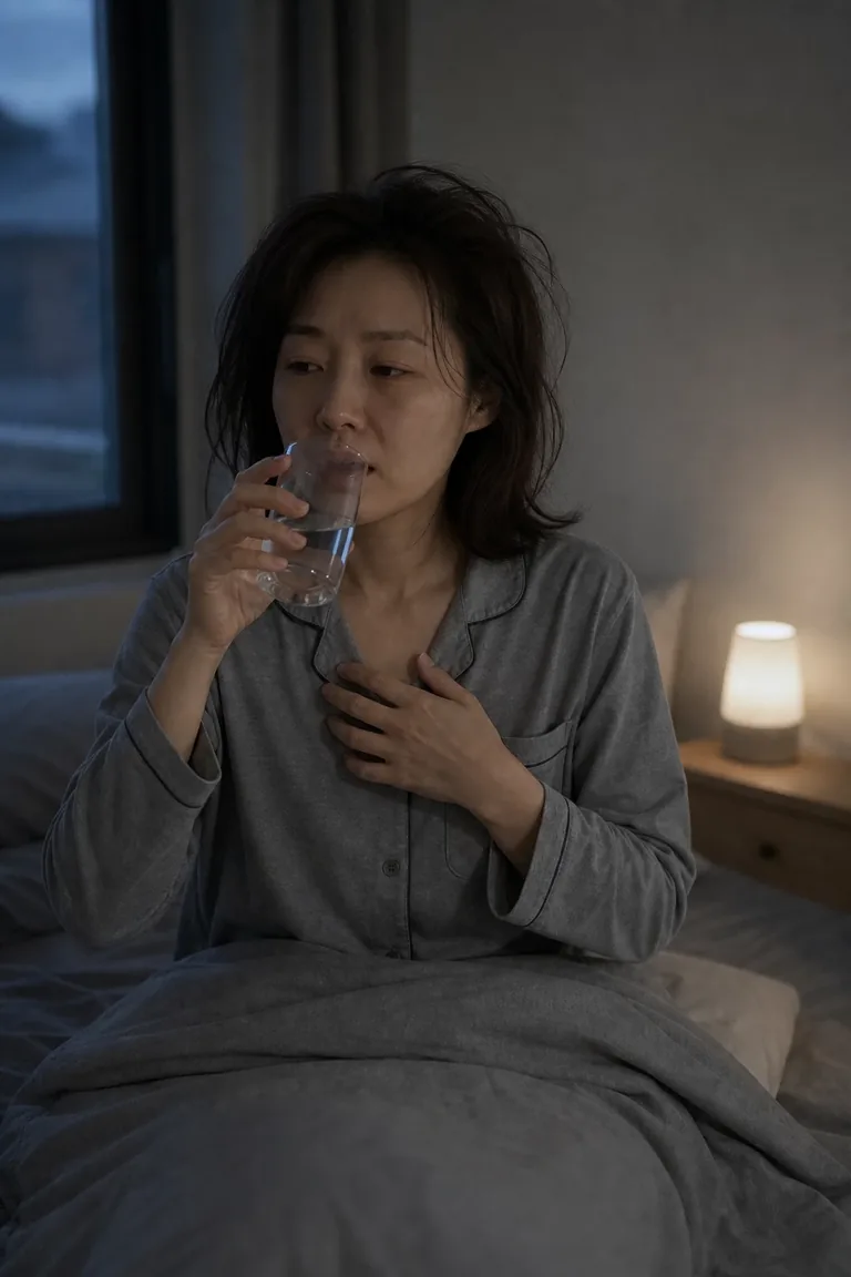 새벽에 침대에 일어나 앉아 가슴을 문지르며 물을 마시는 중년 여성