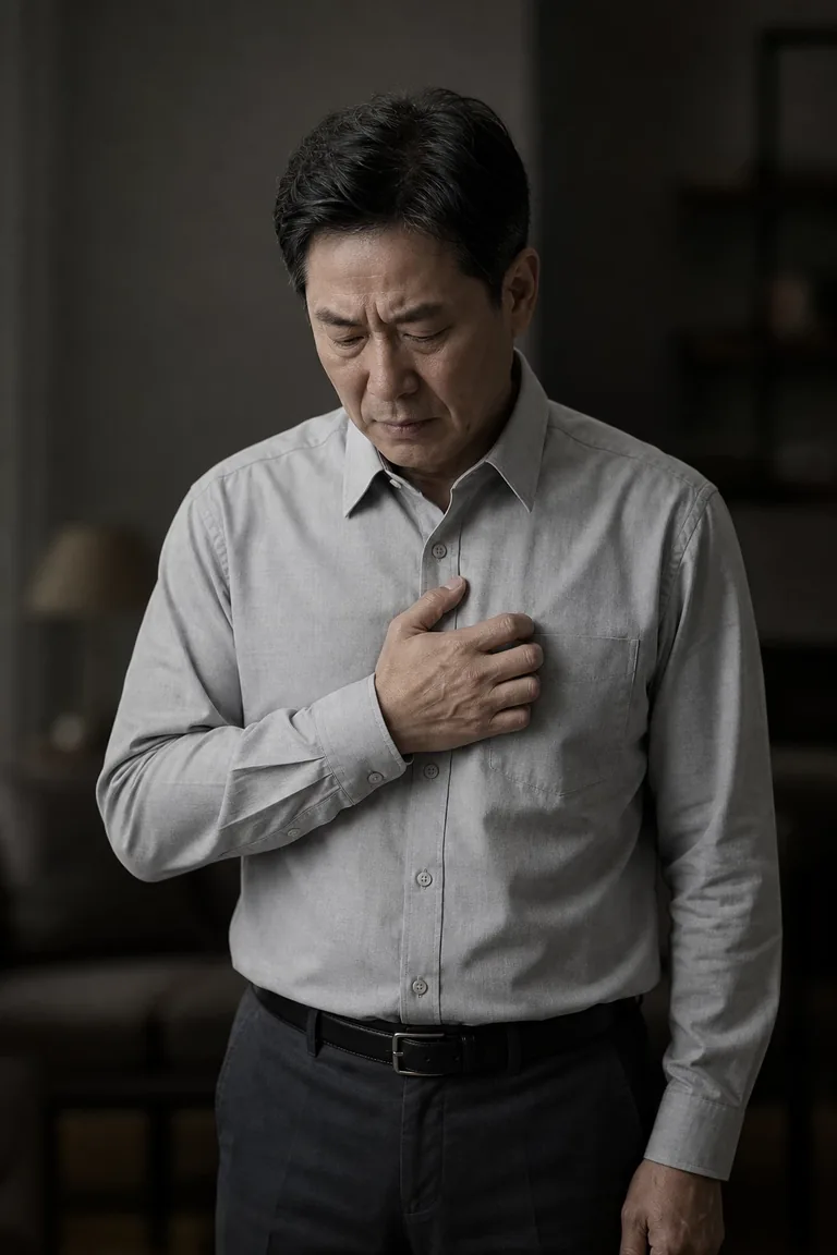 가슴 한가운데를 손으로 지그시 누르며 무거운 표정으로 서 있는 중년 남성