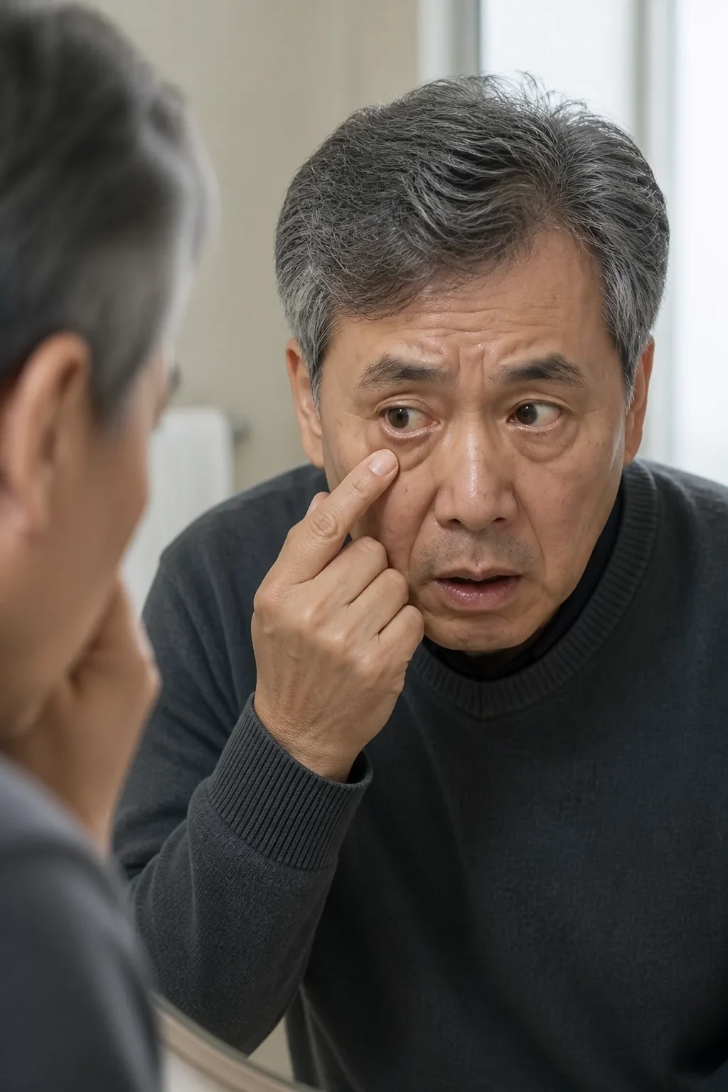 눈 흰자위의 황달과 짙은 소변을 확인하는 남성