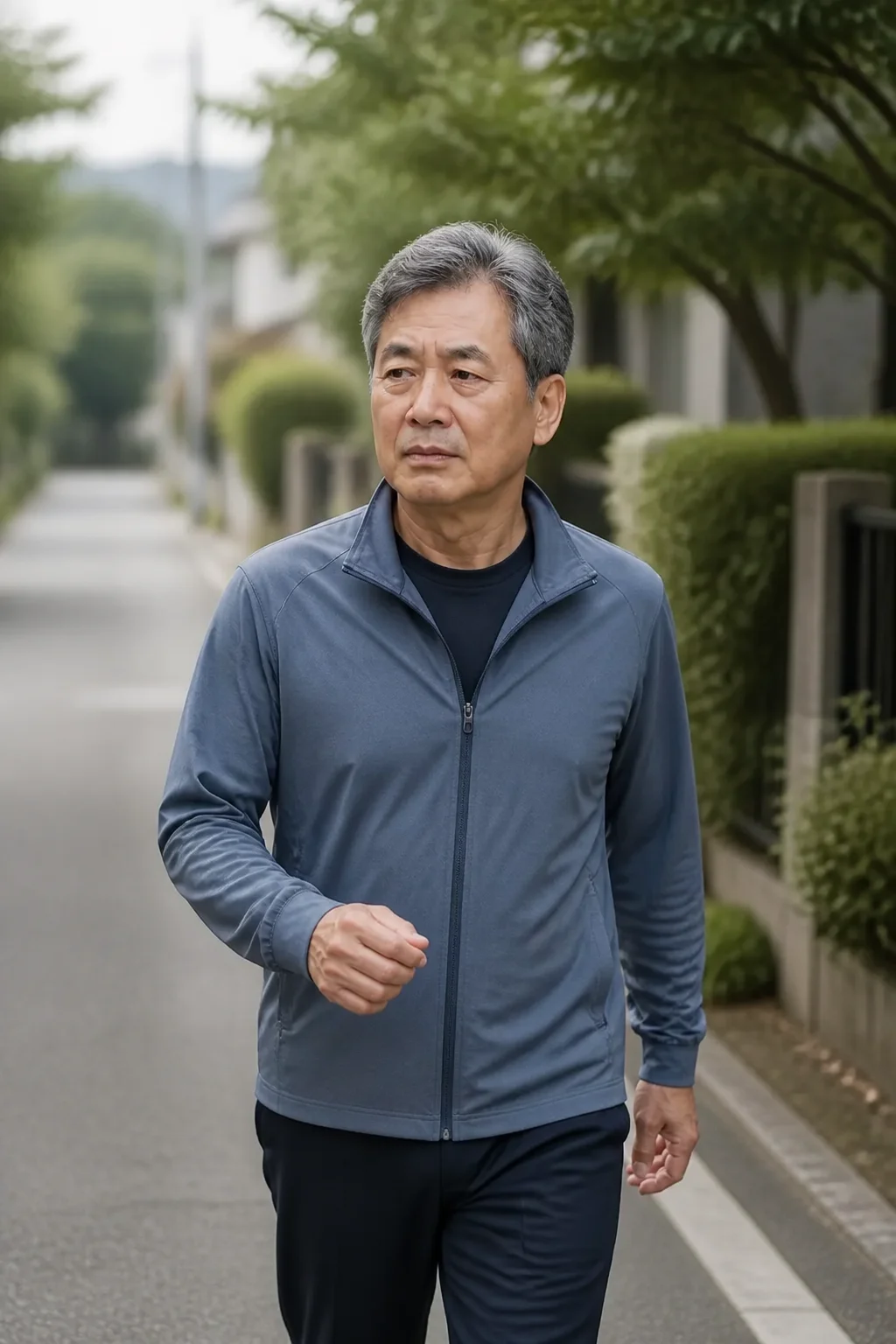 동네 산책로에서 빠르게 걷는 중년 남성