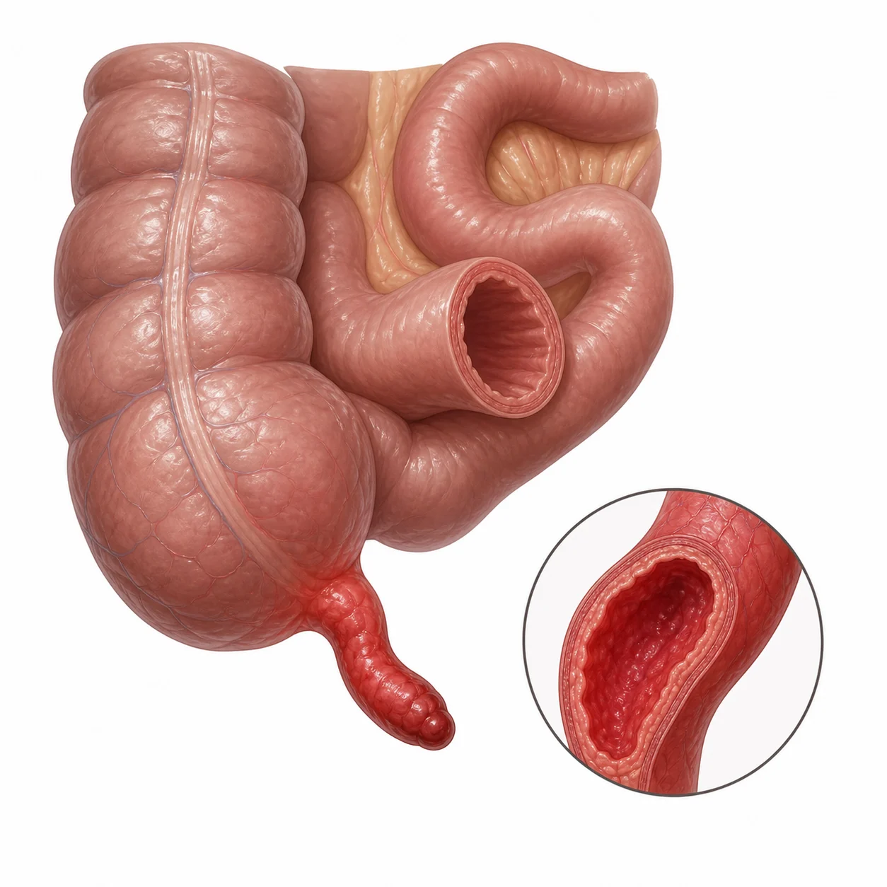 염증으로 부은 충수를 보여 주는 3D 의학 일러스트