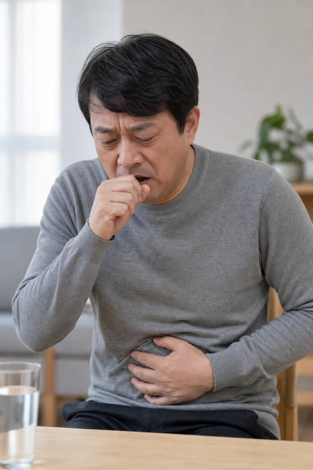 왼쪽 윗배 통증과 구역감을 느끼는 중년 남성