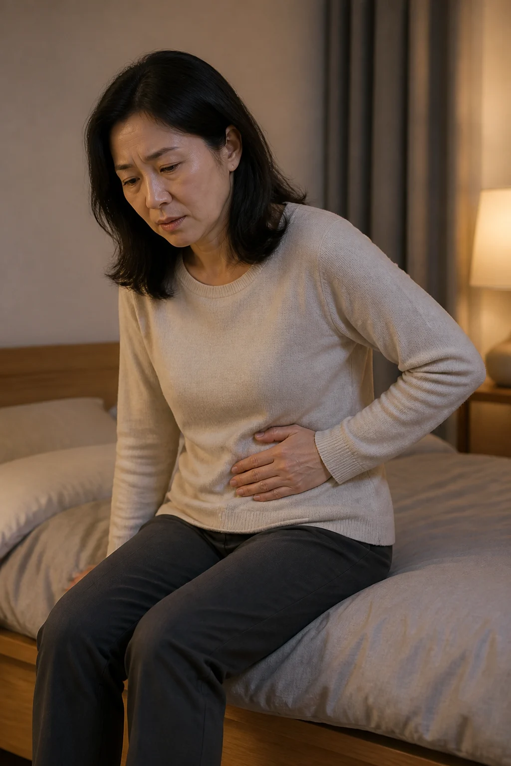외상 후 왼쪽 윗배를 짚고 있는 중년 여성