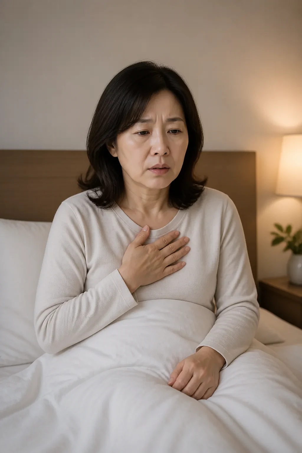 밤에 불규칙한 두근거림으로 잠에서 깨어 상체를 세운 중년 여성