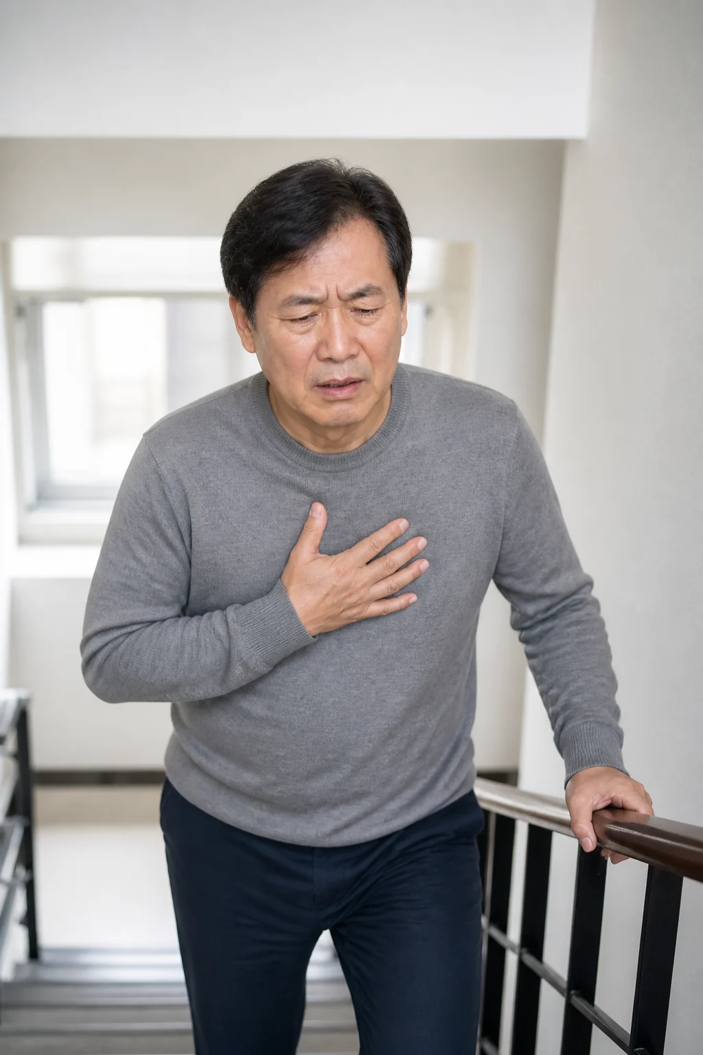 계단을 오르다 두근거림과 어지럼을 느껴 난간을 잡고 멈춘 중년 남성