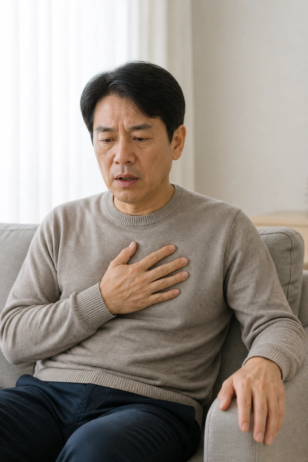 소파에서 쉬던 중 갑자기 빠른 심장박동을 느끼는 중년 남성