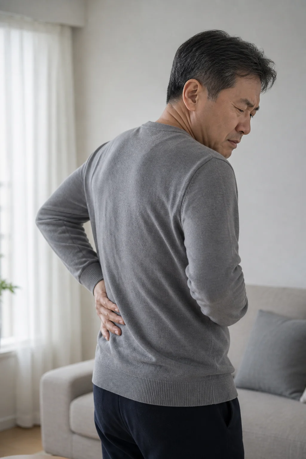 오른쪽 등과 옆구리를 짚고 통증을 느끼는 중년 남성