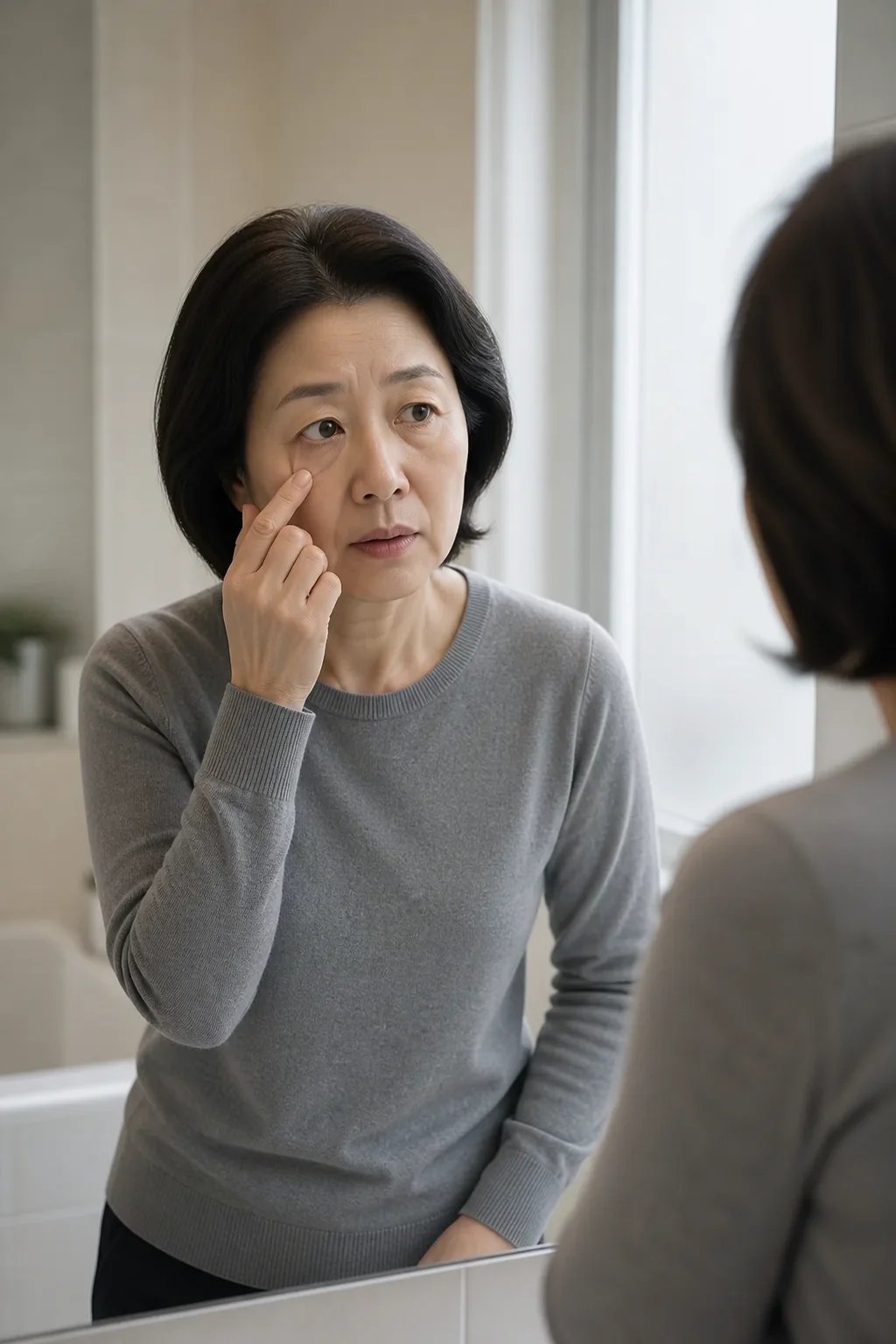 거울을 보며 눈 흰자의 변화를 확인하는 중년 여성