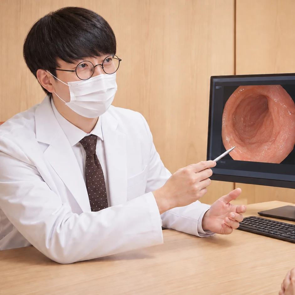 의료진이 위내시경 화면을 환자에게 설명하는 장면