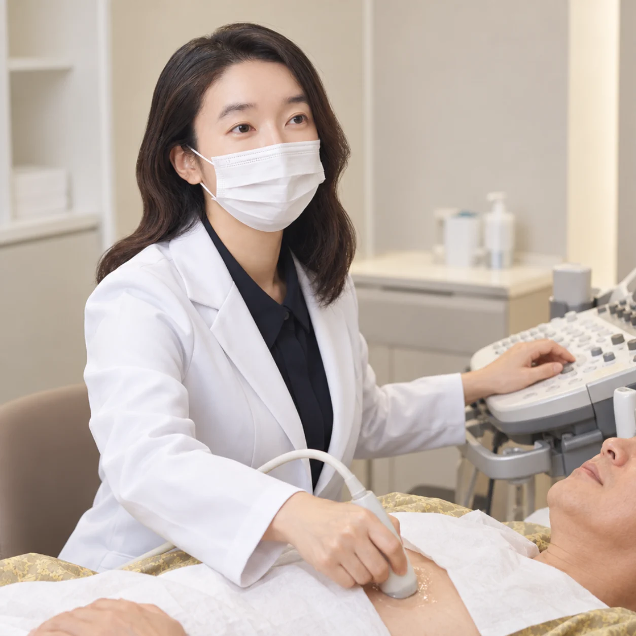 마스크를 착용한 의료진이 누운 환자의 가슴 부근에서 초음파 검사를 진행하는 장면