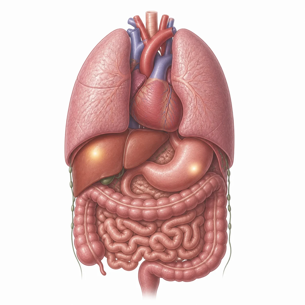 흉부와 복부 장기 및 림프절을 나타낸 전신 의학 일러스트