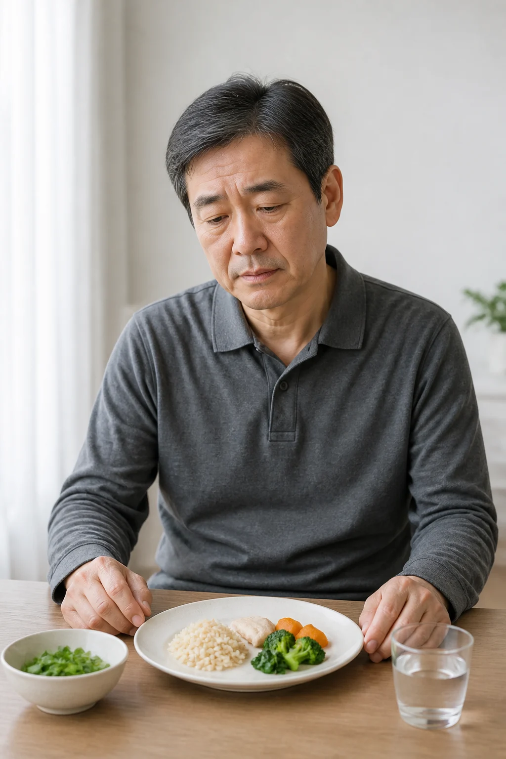 식욕이 떨어져 식사를 남긴 중년 남성