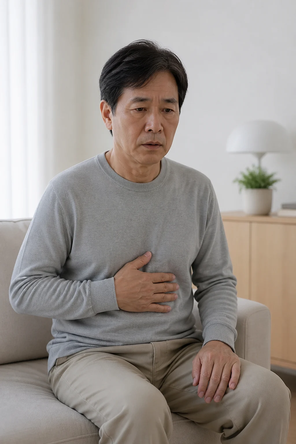 반복되는 복통으로 복부를 짚는 여성
