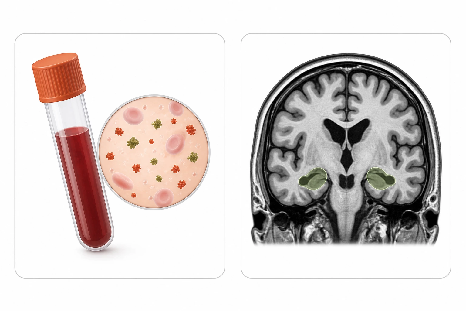 채혈 튜브와 혈액 속 단백질 확대 그림, 해마가 강조된 뇌 MRI 단면을 나란히 놓은 도해